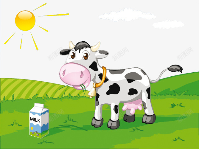 吃草的奶牛png免抠素材_新图网 https://ixintu.com 动物 卡通 卡通奶牛 吃素 吃草 太阳 奶牛 牛奶 草地 草坪 阳光