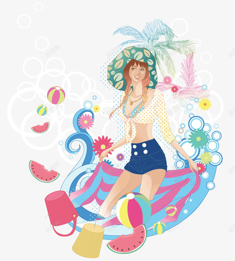 海边游玩的美女png免抠素材_新图网 https://ixintu.com 夏天游玩 彩色 椰子树 海边 红色的水桶 美女 西瓜
