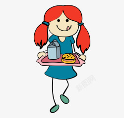 端盘锅贴端着汉堡的女孩卡通图高清图片