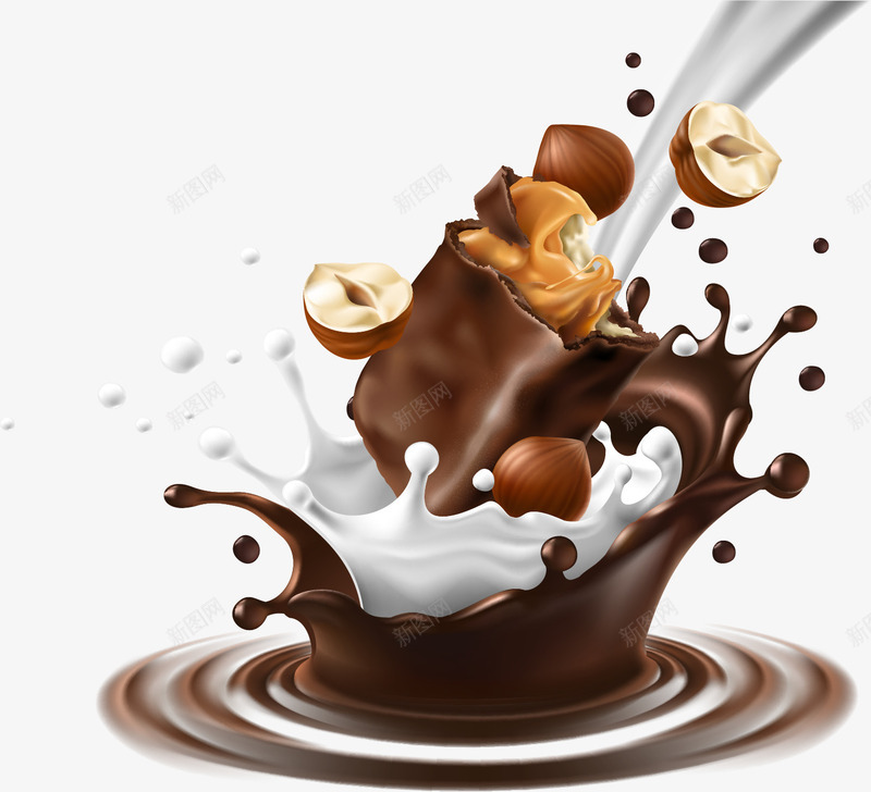 手绘巧克力牛奶png免抠素材_新图网 https://ixintu.com 坚果 坚果巧克力 手绘 核桃 榛子 溅起的液体 牛奶巧克力