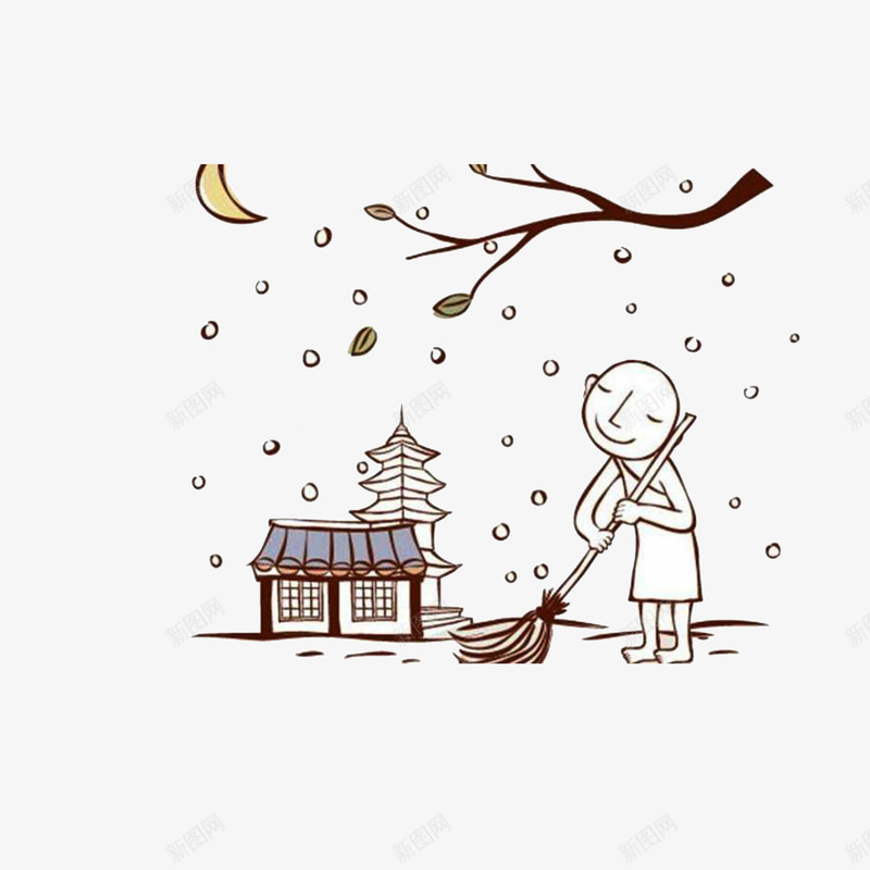 在树下扫雪的和尚png免抠素材_新图网 https://ixintu.com 光秃秃的树 在树下扫雪的和尚 寺庙 月亮 树下的人