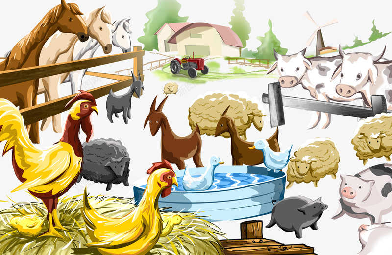 动物农场png免抠素材_新图网 https://ixintu.com 下蛋鸡 动物 牛奶 绘画 绵羊 马匹