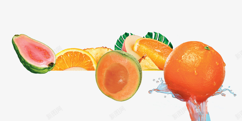 创意新鲜水果哈密瓜png免抠素材_新图网 https://ixintu.com 产品实物 创意新鲜水果哈密瓜 橘子 橙子 水花 苹果