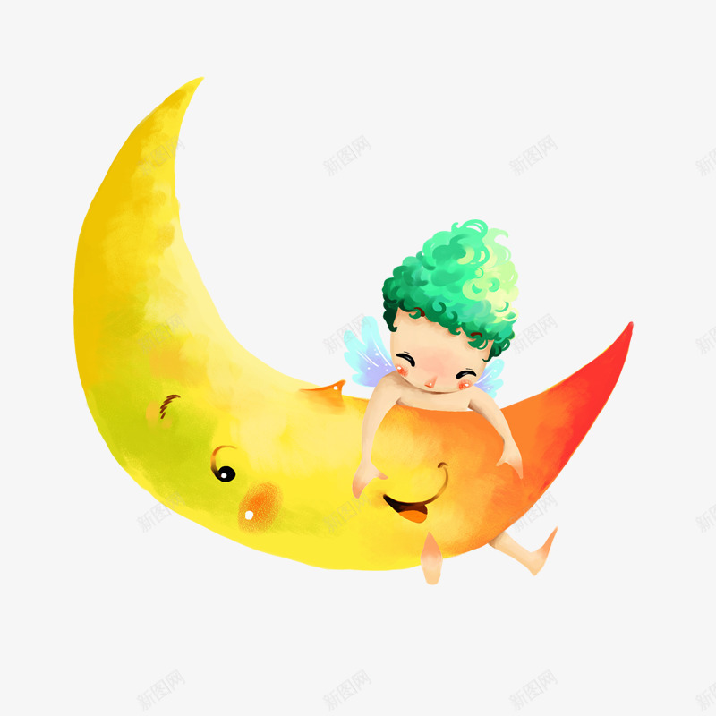 月亮小男孩png免抠素材_新图网 https://ixintu.com 卡通 可爱 小天使 弯月亮 手绘