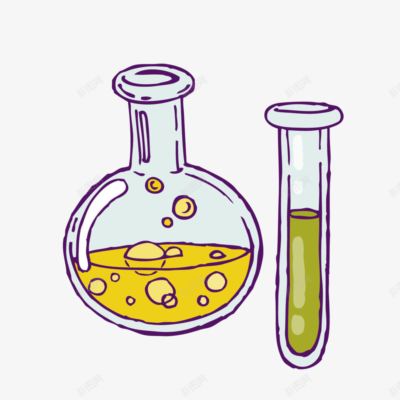 手绘玻璃烧瓶png免抠素材_新图网 https://ixintu.com 冒气泡 卡通烧瓶 卡通玻璃管 圆形烧瓶 背景装饰