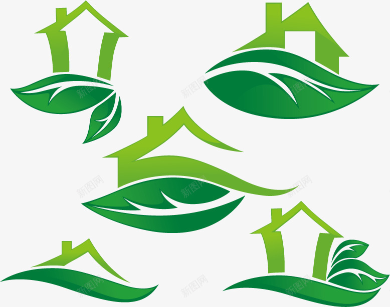 logo图标png_新图网 https://ixintu.com logo素材 logo设计 房地产logo素材 房子 标志标识 绿叶 绿色