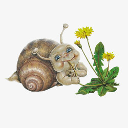 绿色卡通画设计卡通蜗牛吃花朵高清图片