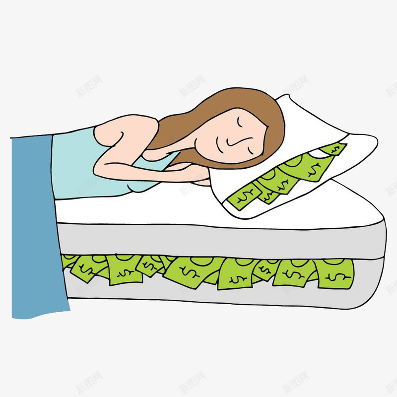 卡通插图枕着钱睡着的女孩png免抠素材_新图网 https://ixintu.com 侧身睡着 卡通插图 女孩 漫画 睡着的女人 睡着的女孩 钱