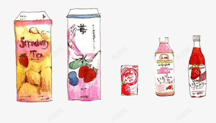 卡通草莓饮料png免抠素材_新图网 https://ixintu.com 卡通 图案 插画 文字 牛奶 瓶子 纸包装 绘画 草莓饮料 食物 饮料