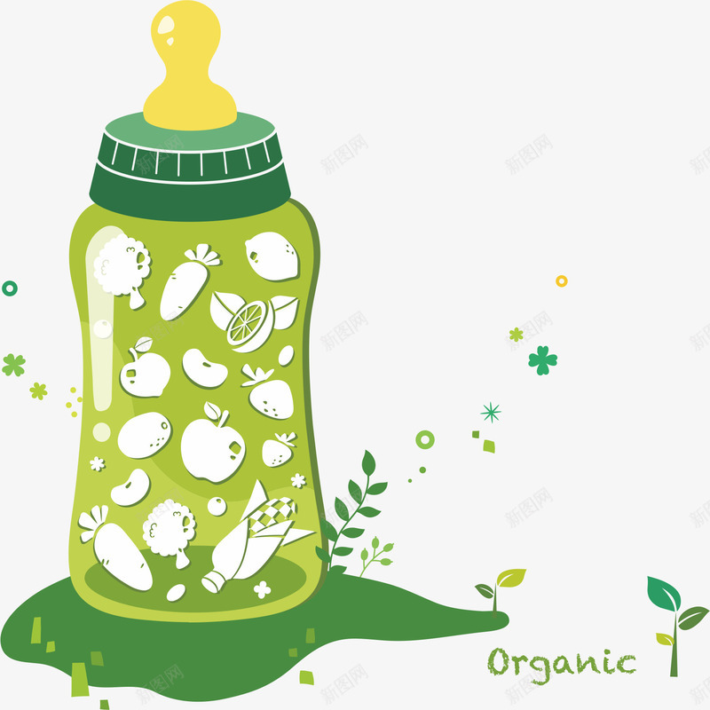 瓶装牛奶png免抠素材_新图网 https://ixintu.com 奶瓶 瓜果 绿叶 绿色 草地 蔬菜