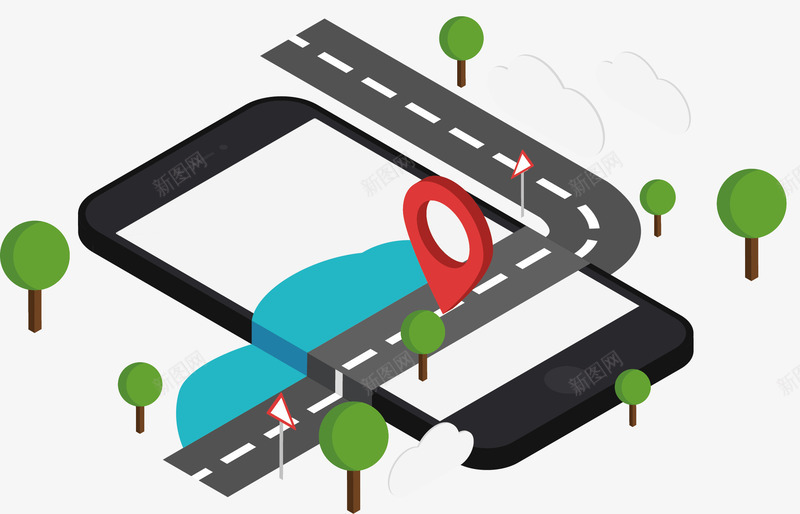 创意手机GPS导航插画png免抠素材_新图网 https://ixintu.com 公交线路 地标 导航 手机 手机导航 智能导航 道路