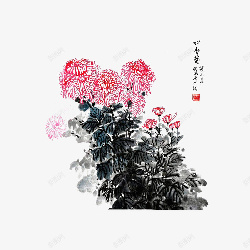 国画菊花png免抠素材_新图网 https://ixintu.com 国画 国画菊花 彩色传统画 水墨画 水墨菊花 菊花