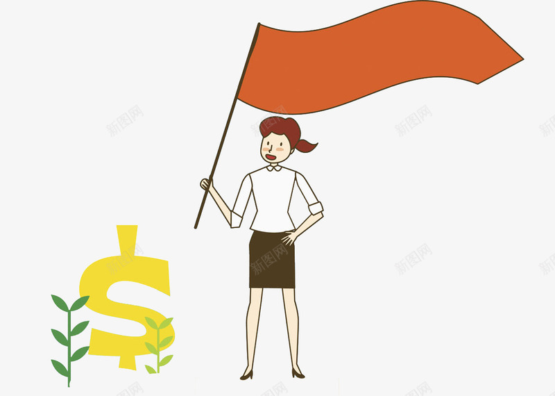 挥舞旗帜的女人png免抠素材_新图网 https://ixintu.com 卡通 女人 小草 挥舞的 旗帜 漂亮的 货币符号