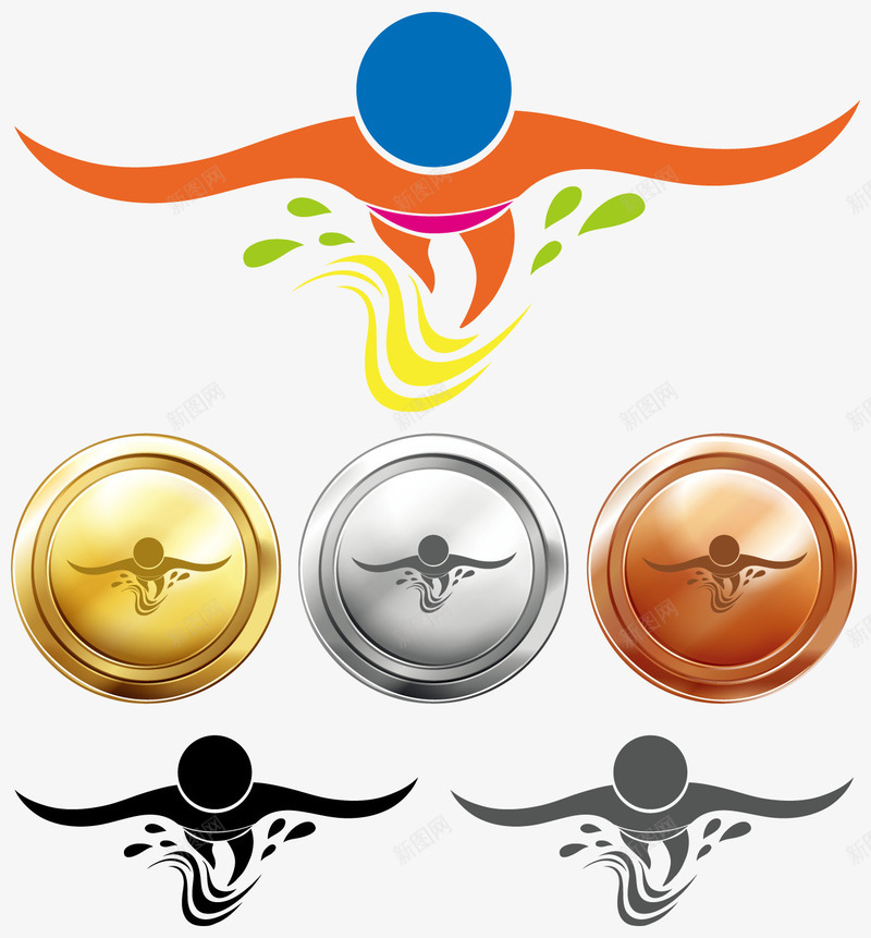 跳水金银铜奖牌与体育运动图标png_新图网 https://ixintu.com 简约图标 运动图标 运动小人