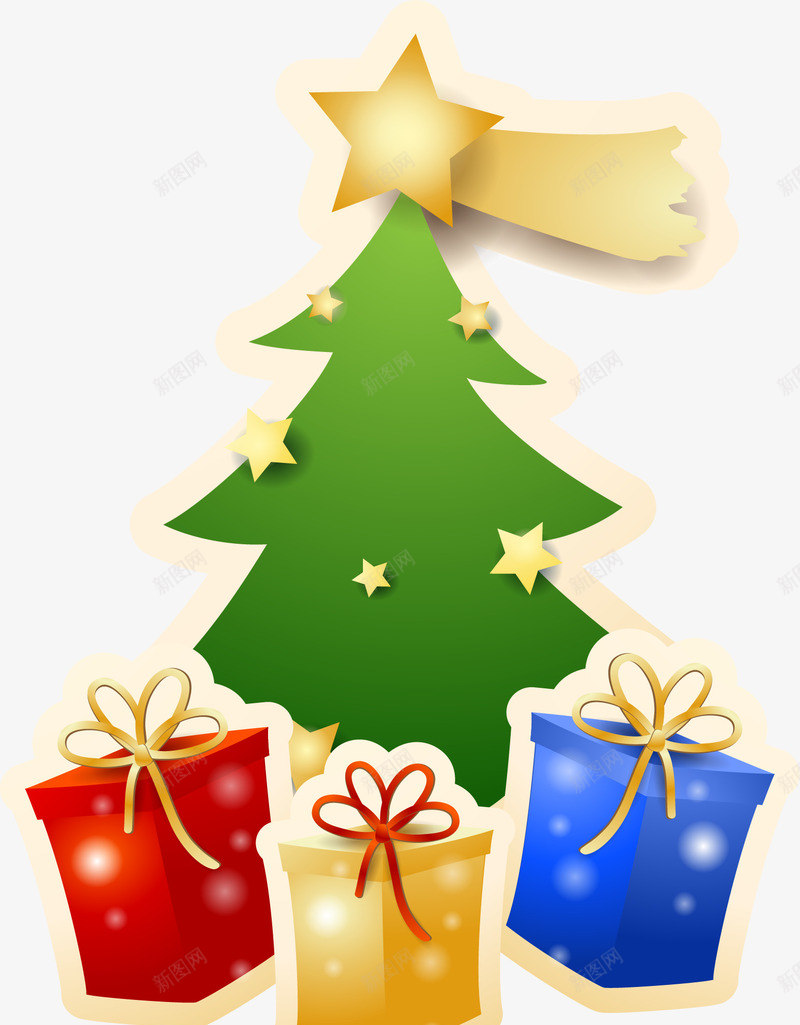 圣诞节绿色圣诞树png免抠素材_新图网 https://ixintu.com 喜庆 圣诞礼物 圣诞节 多彩礼盒 绿色圣诞树 黄色星星