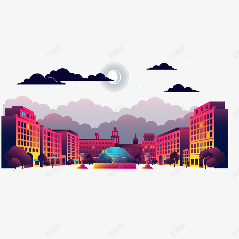 夜间城市png免抠素材_新图网 https://ixintu.com 乌云 卡通 发光 喷泉 城市 建筑 手绘 暖色调 月亮