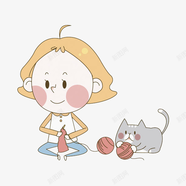 织毛衣的女孩和小猫png免抠素材_新图网 https://ixintu.com 女生 手绘 插图 漂亮的 线球 编织毛衣 调皮的 针织线