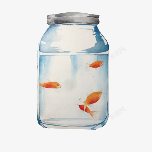 玻璃瓶里的鱼手绘画片png免抠素材_新图网 https://ixintu.com 水彩画 玻璃瓶 金鱼 鱼
