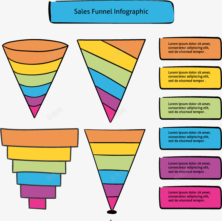 彩色漏斗图矢量图ai免抠素材_新图网 https://ixintu.com 信息图表 四种漏斗图形 彩色阶梯图 销售上升图表 矢量图