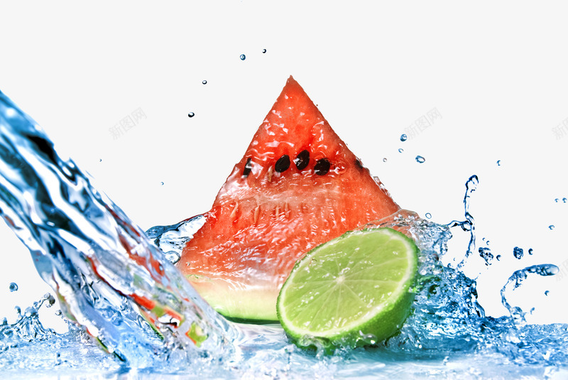 水中的西瓜和绿色橙子png免抠素材_新图网 https://ixintu.com 切开的西瓜 橙子 水中水果 水冲洗 水果 清洗 溅起的水花