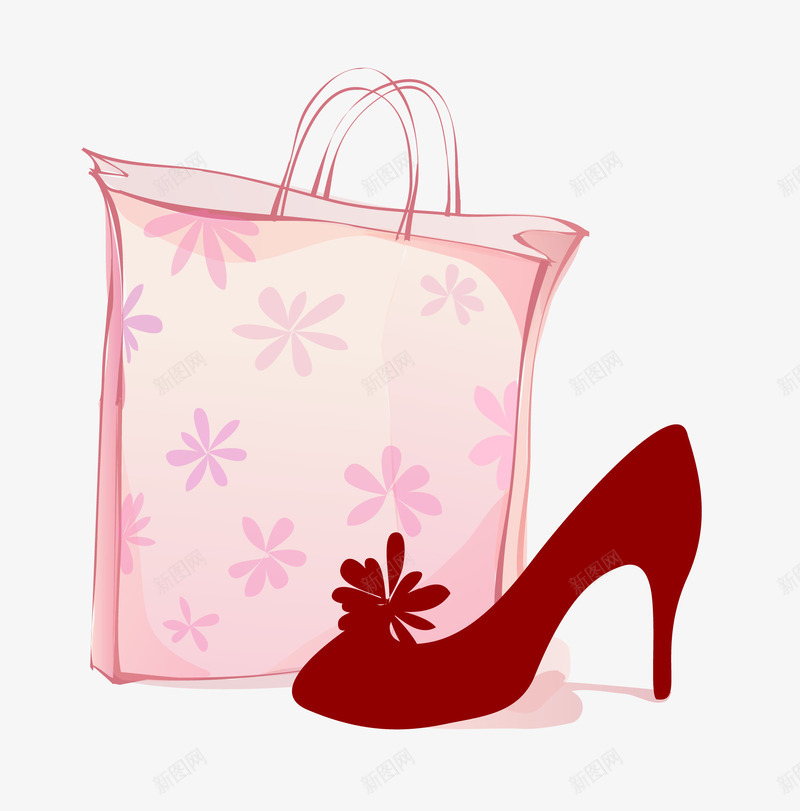 粉色购物袋和红色高跟鞋png免抠素材_新图网 https://ixintu.com 卡通 手绘 漫画 粉色购物袋 购物袋 高跟鞋