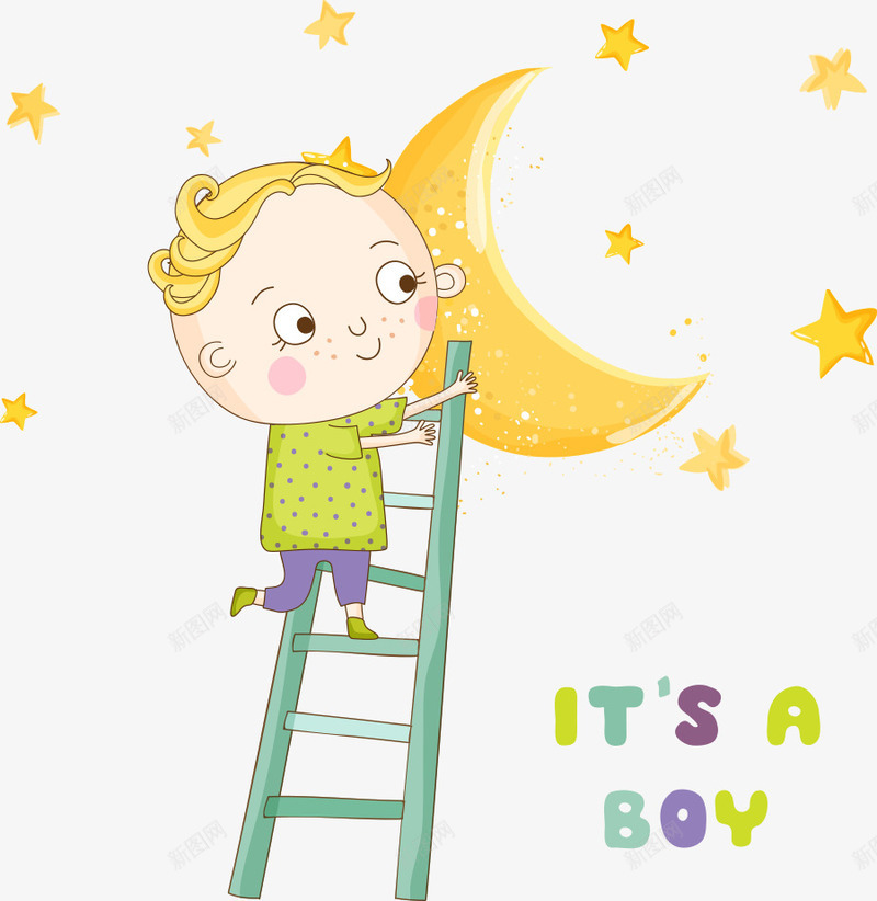 梯子上的男孩png免抠素材_新图网 https://ixintu.com 人物 卡通男孩 星星 月亮 梯子 男孩 矢量男孩