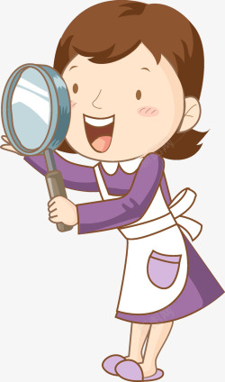 紫色围裙卡通拿放大镜的女人素材