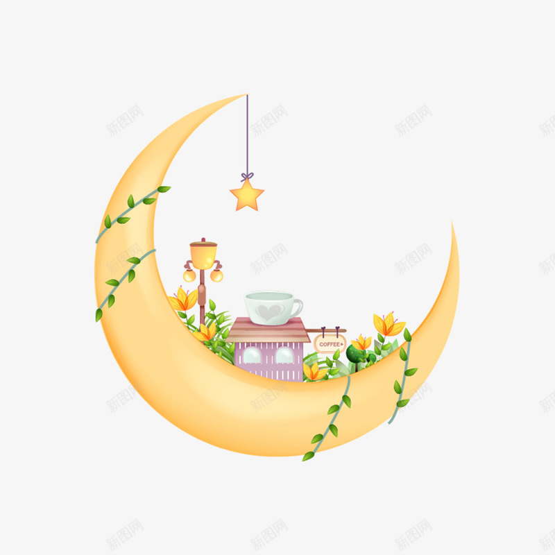 手绘月亮png免抠素材_新图网 https://ixintu.com 卡通 房子 手绘 月亮 月牙 杯子 藤条 黄色