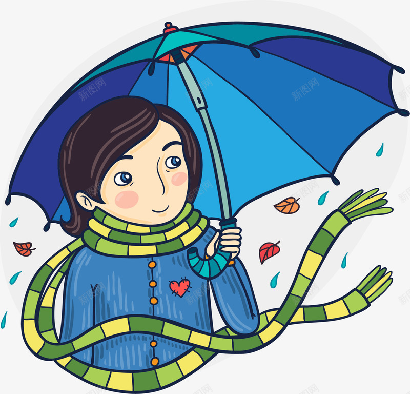 蓝色雨伞矢量图ai免抠素材_新图网 https://ixintu.com 下雨了 冬天 围巾 打伞的人 男孩 矢量图
