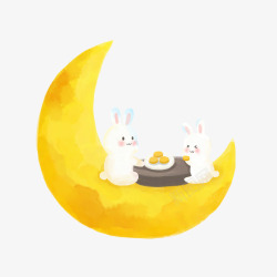 玉兔海报手绘卡通玉兔坐在月亮上吃月饼高清图片