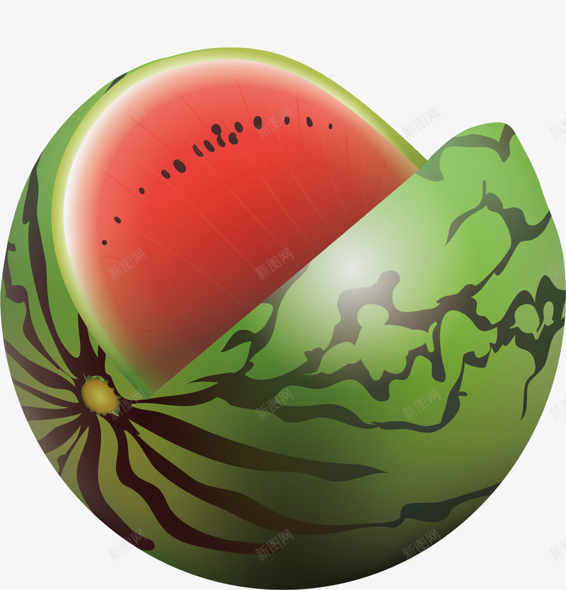 绿色的大西瓜矢量图ai免抠素材_新图网 https://ixintu.com 红色的西瓜瓤 绿色的西瓜皮 花纹 黑色的瓜子 矢量图