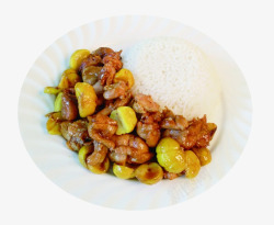 青菜鸡肉烧腊饭板栗鸡肉米饭高清图片