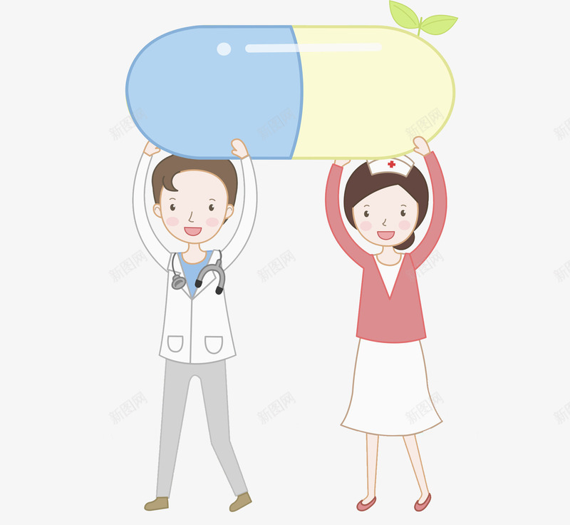 医生和护士png免抠素材_新图网 https://ixintu.com 医护人员 卡通 小草 漂亮的 药片 高举 高兴地