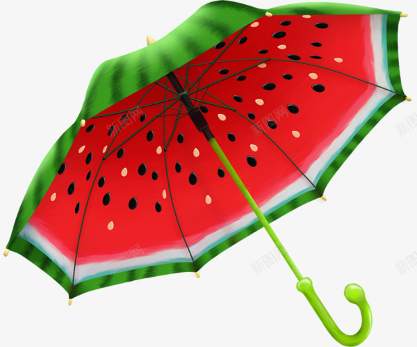 西瓜图案雨伞png免抠素材_新图网 https://ixintu.com 伞把 手绘 简图 红色的 绿色的 西瓜图案 雨伞 黑色的