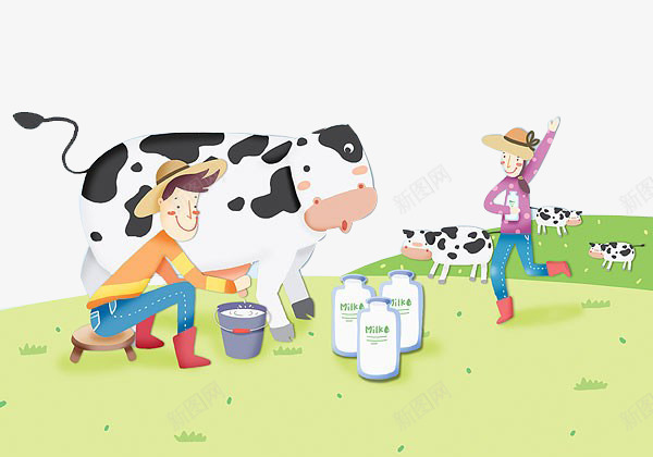 工人挤奶牛png免抠素材_新图网 https://ixintu.com 卡通 工人 挤奶牛 挤牛奶 牛奶
