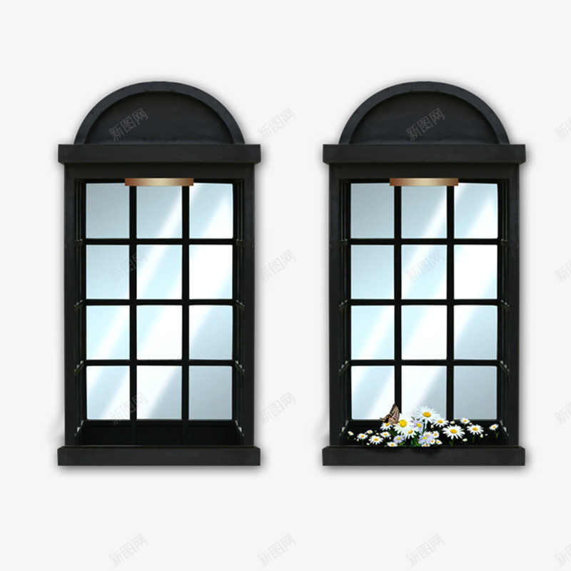 黑色木窗鲜花png免抠素材_新图网 https://ixintu.com 木窗 玻璃 窗户 鲜花