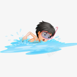 蓝色泳镜卡通手绘水中游泳的男孩高清图片