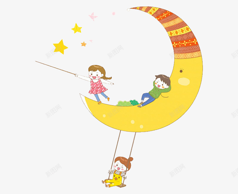 月亮上的孩子png免抠素材_新图网 https://ixintu.com 卡通 可爱的 孩子 星星 月亮 荡秋千 高兴地