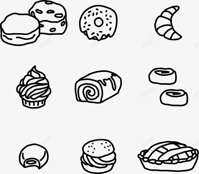 手绘食物矢量图图标ai_新图网 https://ixintu.com 冰淇淋 奶油 汉堡包 特色食物 甜甜圈 蛋糕 矢量图