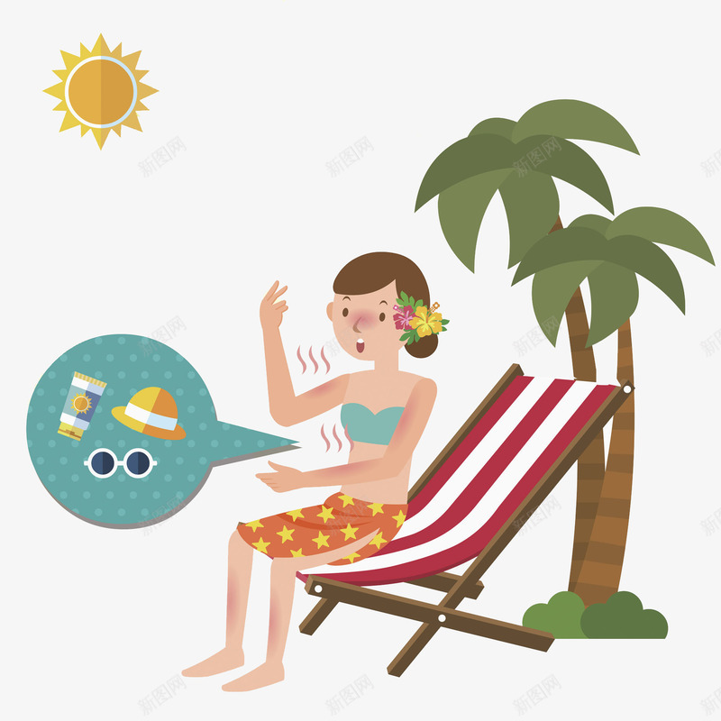 晒太阳的女人png免抠素材_新图网 https://ixintu.com 享受的 卡通 女人 日光浴 椅子 椰树 漂亮的