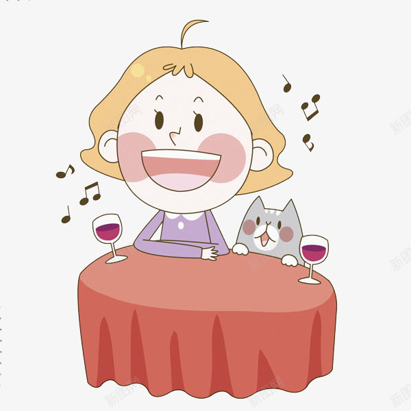 手绘浪漫女人品酒场景图png免抠素材_新图网 https://ixintu.com 卡通 女人 小猫 有情调 期待的 桌子 漂亮的 红色