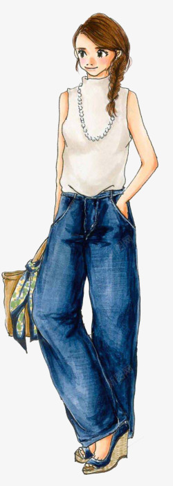 穿裤子卡通手绘穿蓝色裤子的女人高清图片