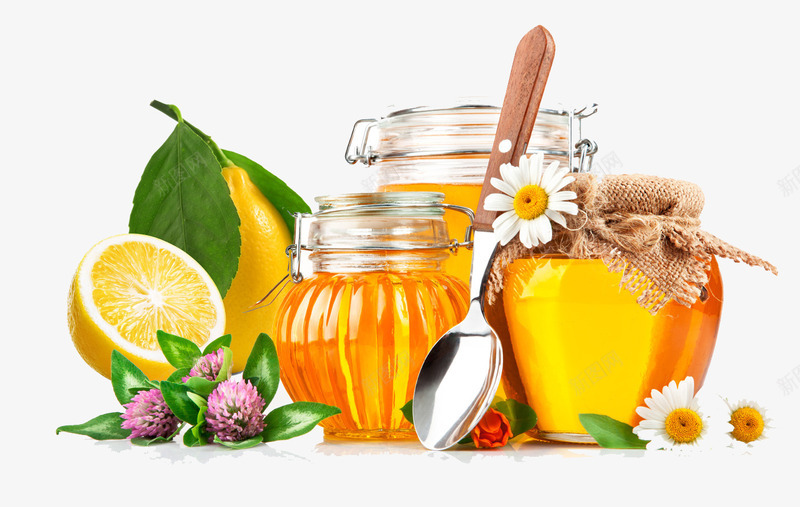 蜂蜜橙子和花png免抠素材_新图网 https://ixintu.com 勺子 水果 玻璃罐 甜橙 花 蜂蜜