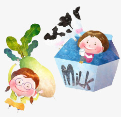 开心的奶牛韩国卡通插画女孩奶牛高清图片