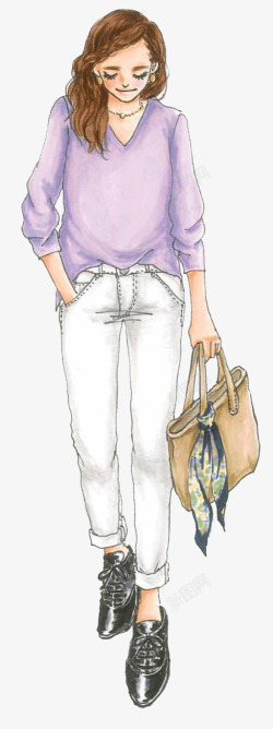 穿白色裤子卡通手绘穿白色裤子的女人高清图片