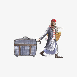 手绘漫画拖着行李的女人素材