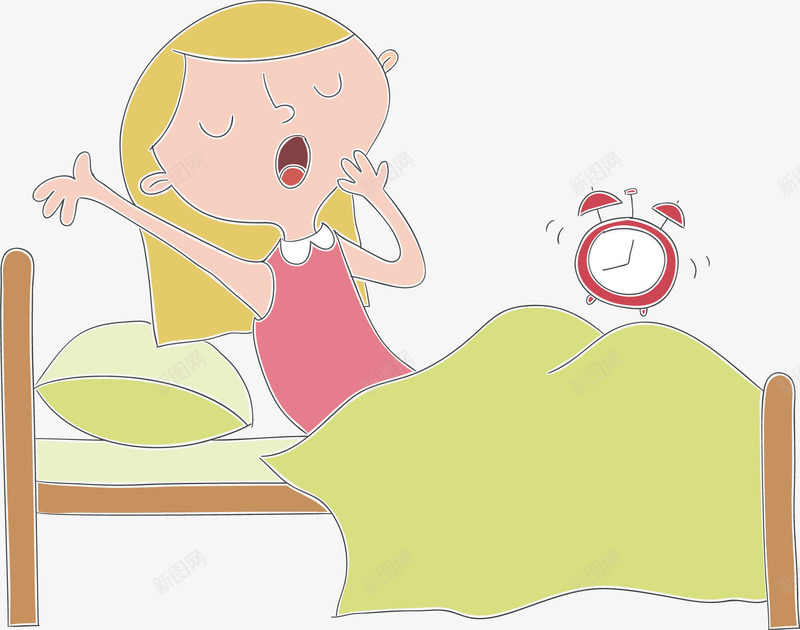 手绘女孩起床漫画png免抠素材_新图网 https://ixintu.com 创意 卡通 彩色的 手绘图 早上起床 漫画 简单 绘刚起床的女孩 起床 闹钟