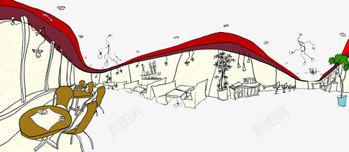 手绘餐厅场景插画png免抠素材_新图网 https://ixintu.com 卡通 多彩 手绘 桌子椅子 绘画