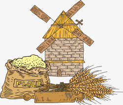 麦穗简图粮仓和粮食手绘图高清图片