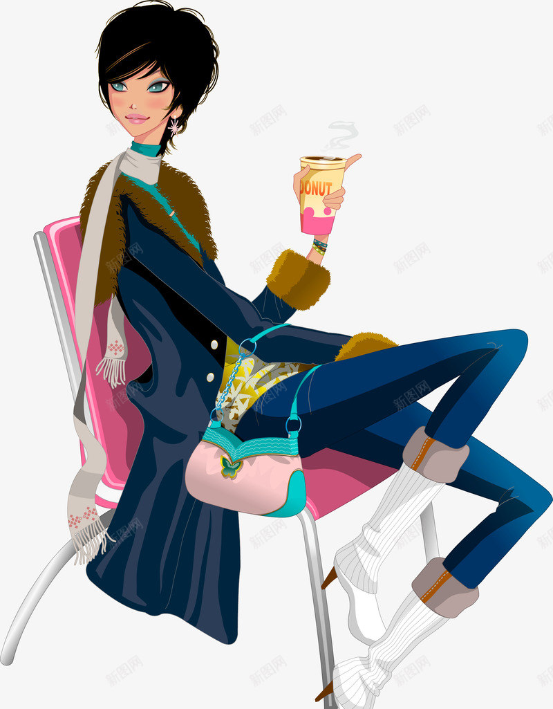 坐在椅子上的女孩png免抠素材_新图网 https://ixintu.com 卡通 女孩 奶茶 手绘 漂亮